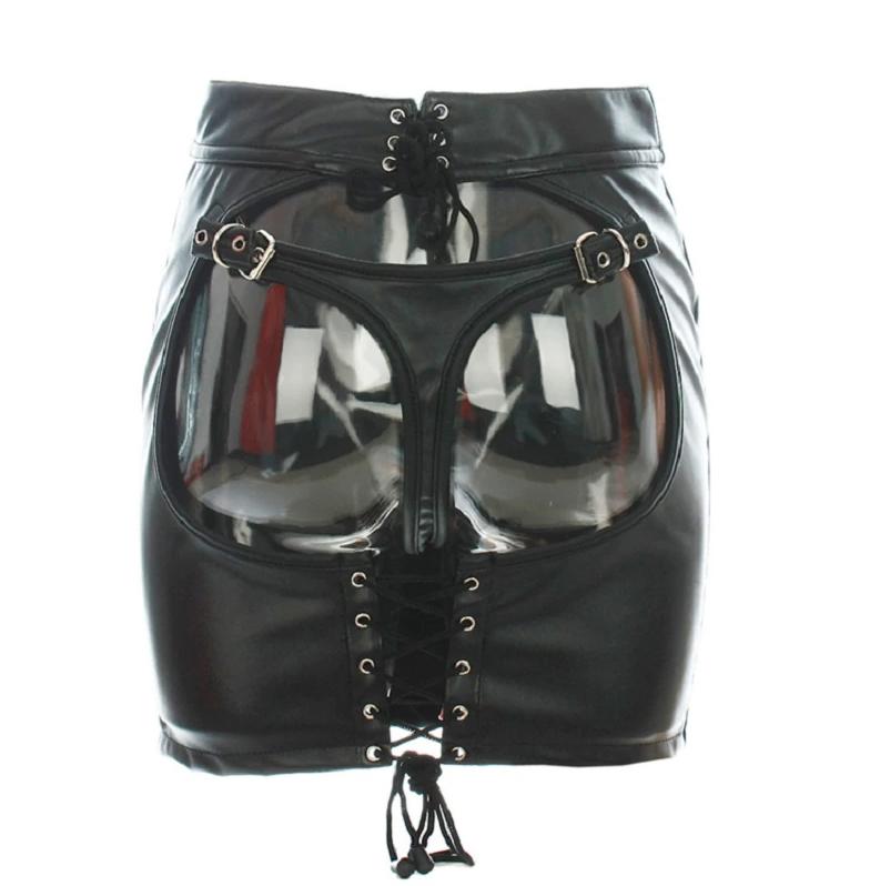 Zwarte leren rok met uitgesneden achterkant open mini korte, Maat 38/40 (M), Verzenden, Zwart, Nieuw