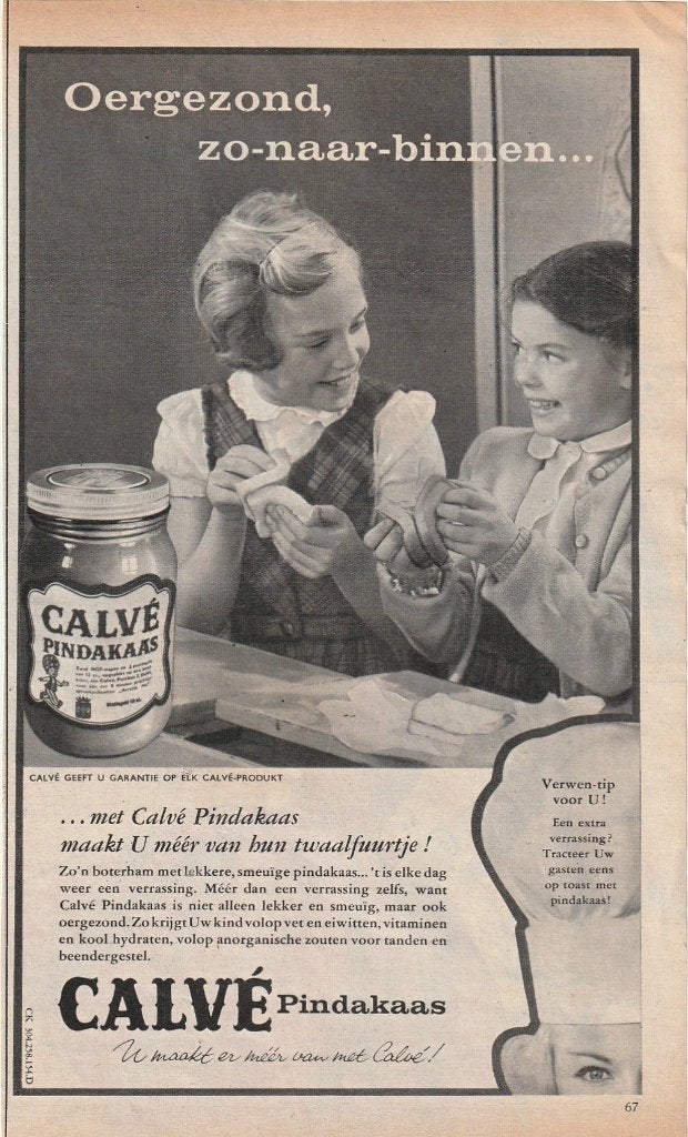 retro reclame 1960 Calvé pindakaas meisjes twaalfuurtje, Verzamelen, Ophalen of Verzenden, Overige typen