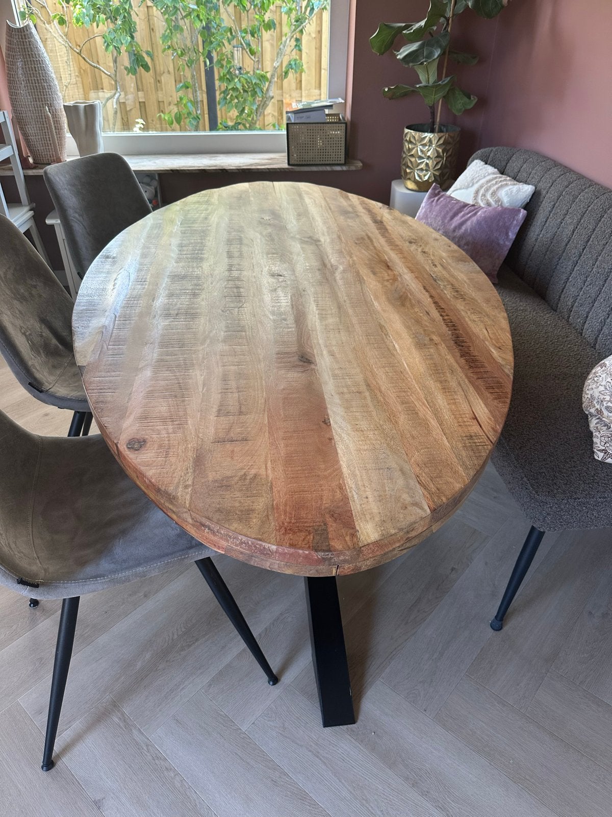 Ovaal mangohouten tafelblad - exclusief onderstel, Huis en Inrichting, Tafels | Eettafels, Ophalen, Gebruikt, 100 tot 150 cm, 200 cm of meer