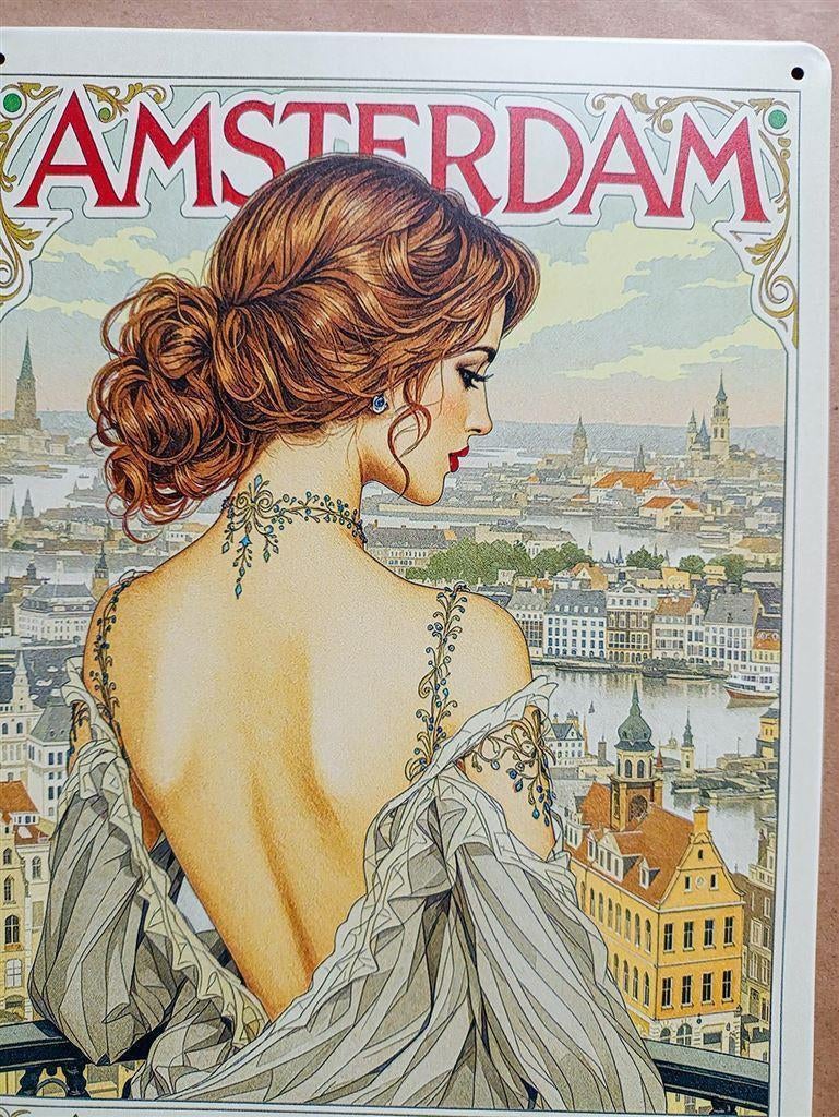 AMSTERDAM 1900 | Alphonse Mucha Metalen Wandbord, Antiek en Kunst, Ophalen of Verzenden
