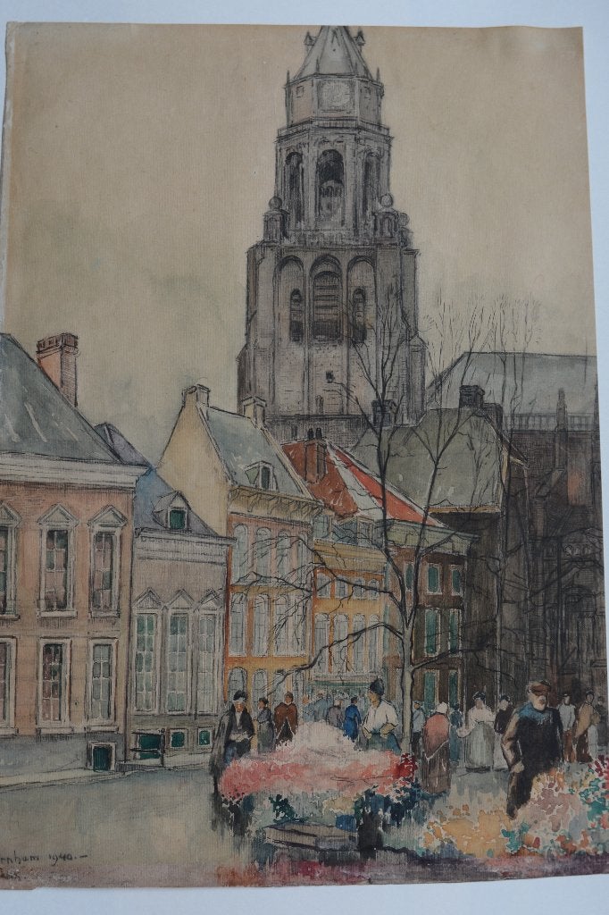 ARNHEM A.J. TAKX AQUAREL 1940 Gesigneerd ST.EUSEBIUSKERK K31, Antiek en Kunst, Kunst | Schilderijen | Klassiek, Verzenden, Gesigneerd