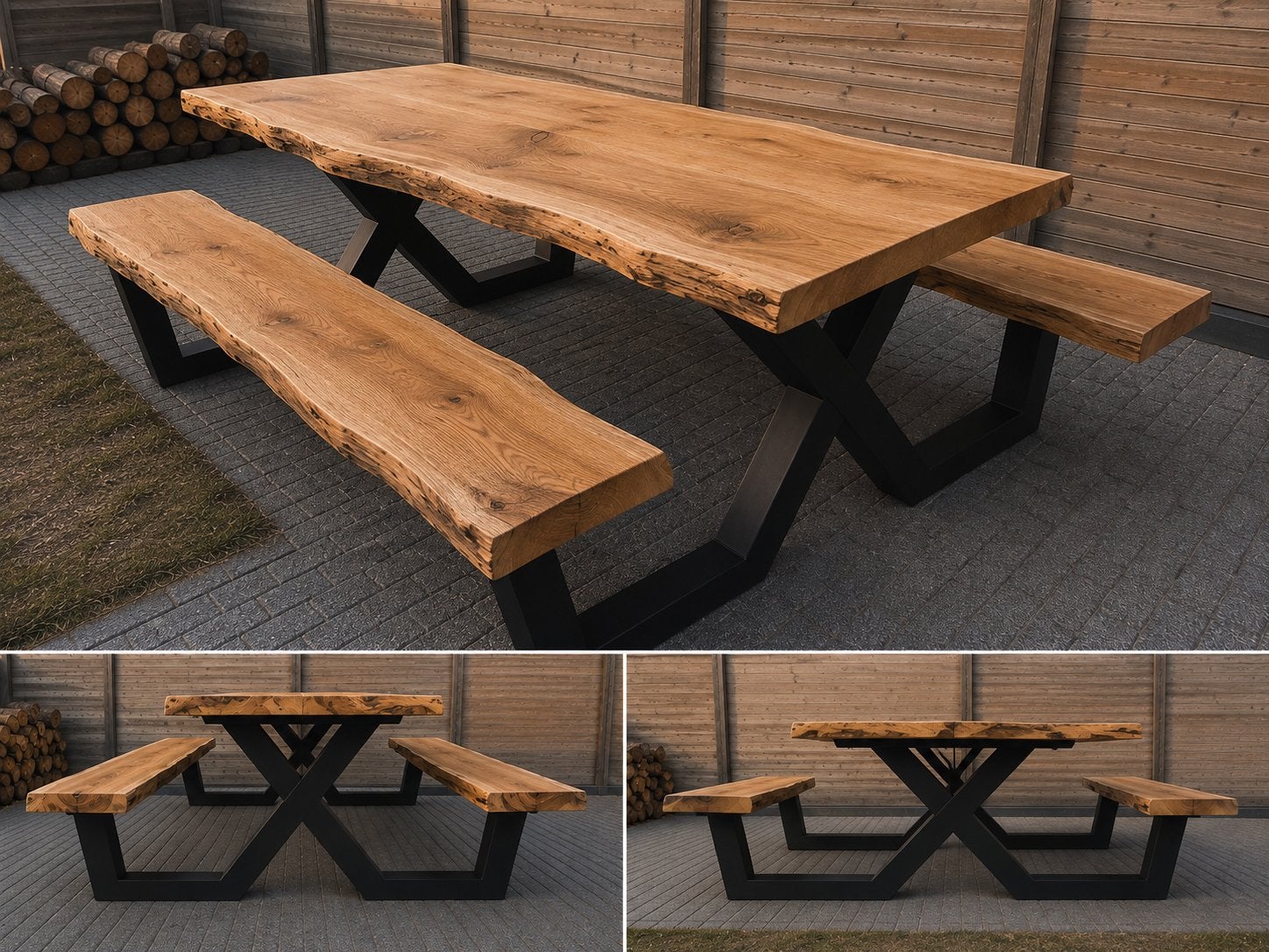 Robuuste Eiken Picknicktafel – Massief Eiken & Stalen Frame, Ophalen, Nieuw, Rechthoekig, Hout