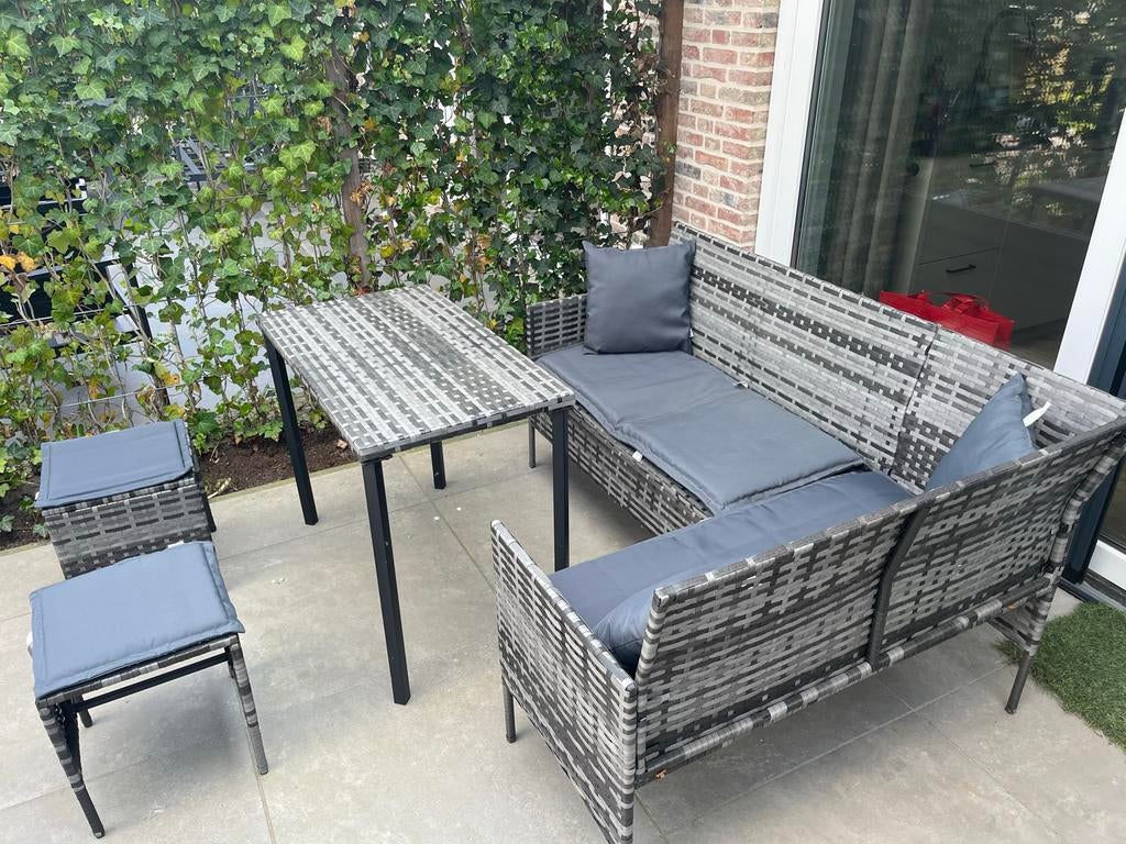 VidaXL Poly rattan Loungeset met Tafel en Krukjes - Grijs, Ophalen, 4 zitplaatsen, Zo goed als nieuw, Loungeset