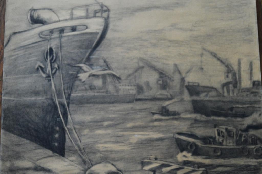 Houtskooltekening van een haven., Antiek en Kunst, Ophalen