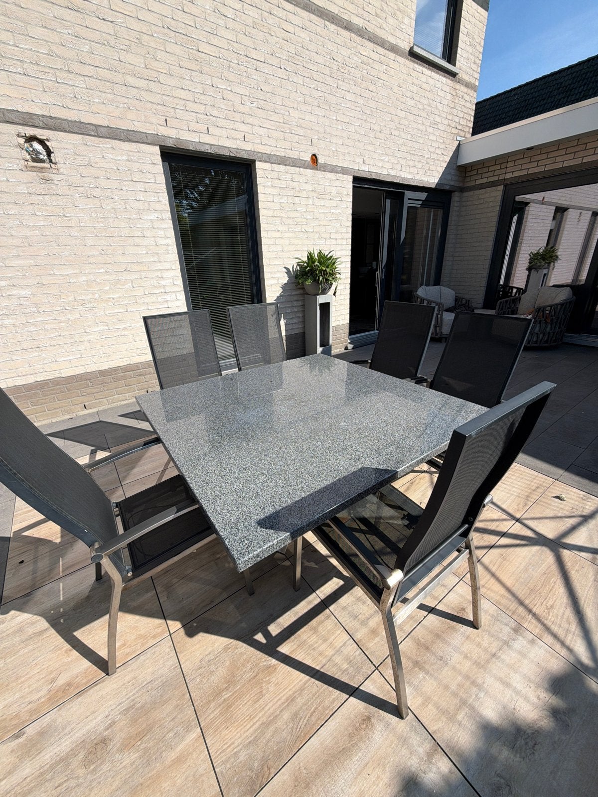 Tuinset met6 verstelbare stoelen en granieten tafel, Ophalen, Gebruikt, Rechthoekig