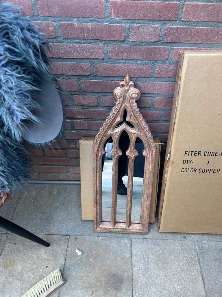 Decoratieve Gotische Spiegel - Koperkleurig, Antiek en Kunst, Ophalen, Rechthoekig, Minder dan 50 cm, 100 tot 150 cm
