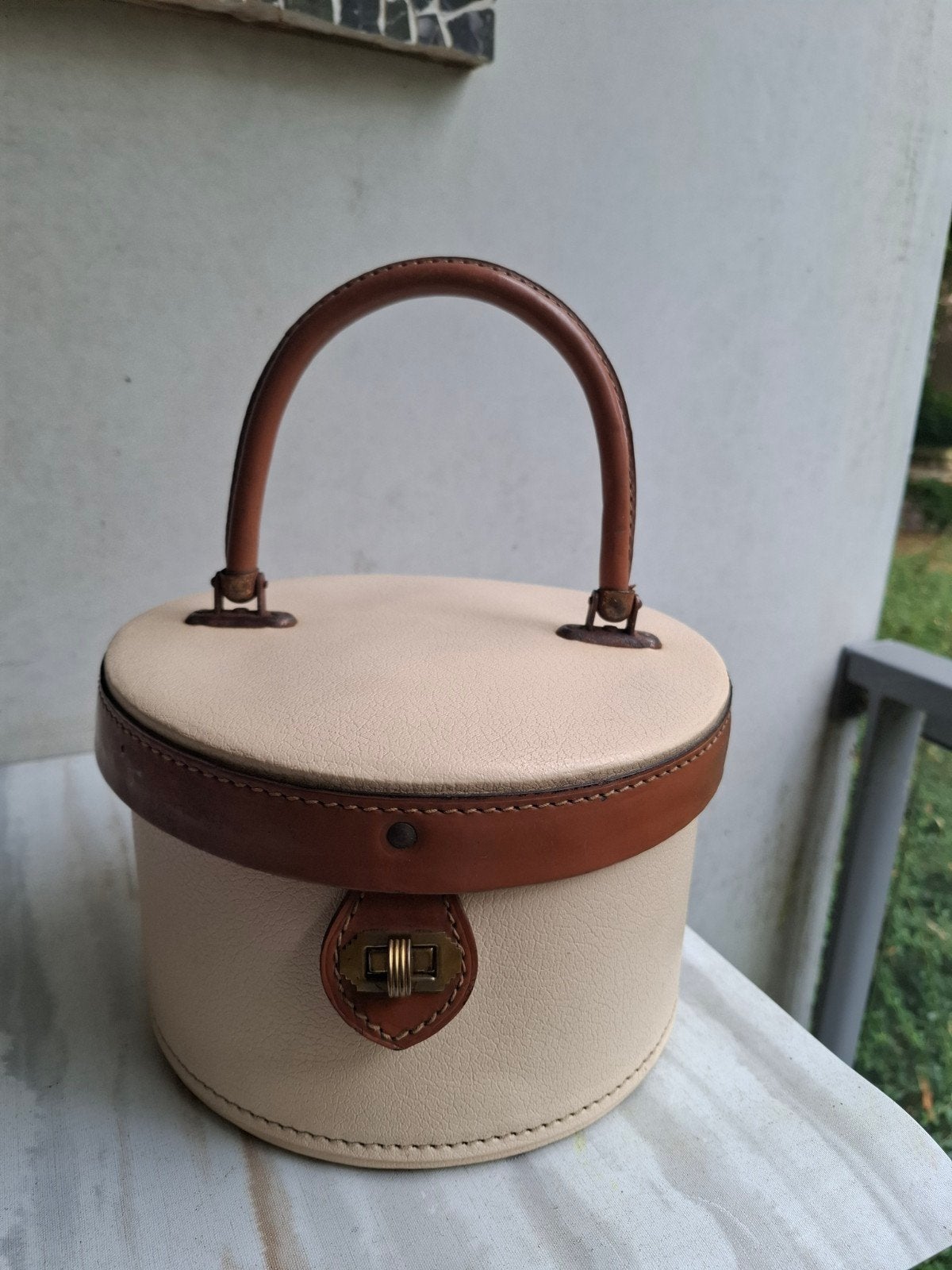 Vintage beige make-up koffer met spiegel, Gebruikt, Beige, Ophalen of Verzenden, Met spiegeltje(s)