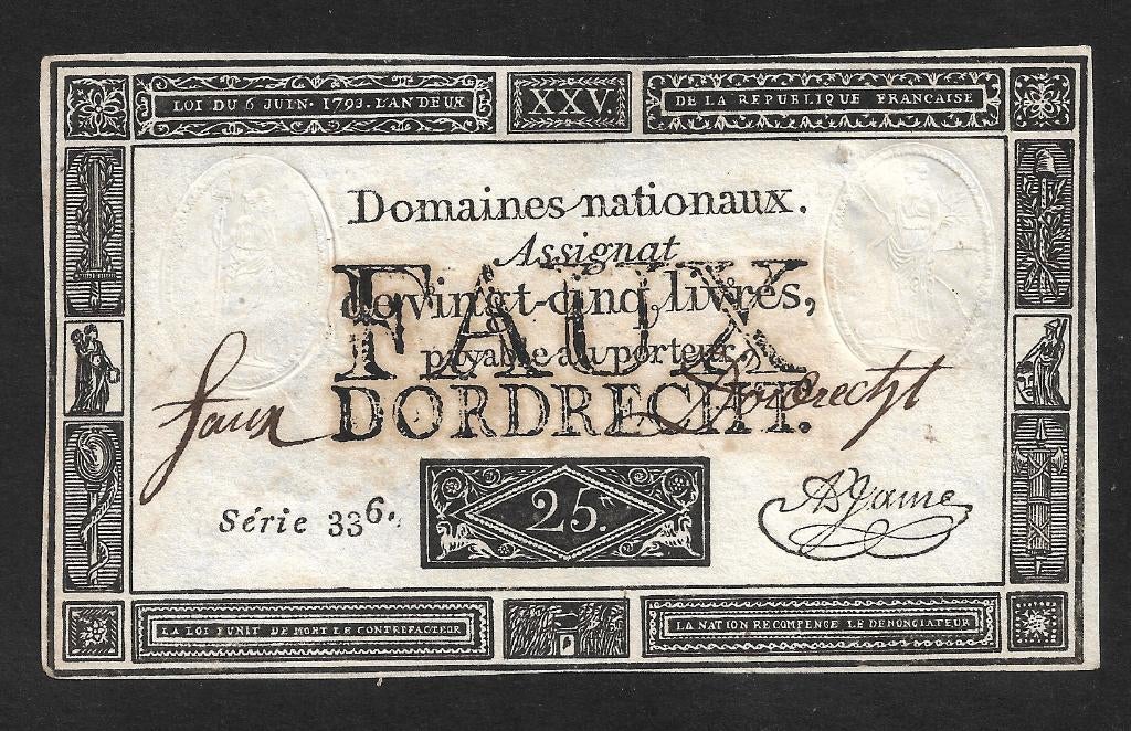 NL - Dordrecht - Assignat - 25 livres 1793 - FAUX - Pick A71, Ophalen of Verzenden, 25 gulden