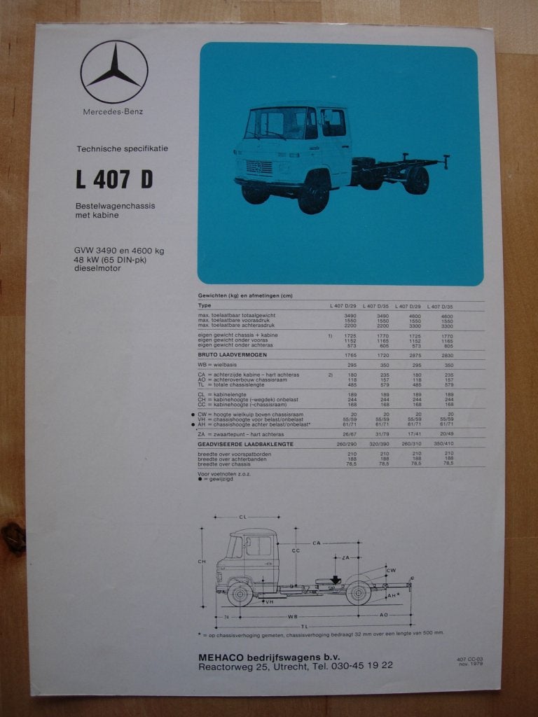 Mercedes 407D Technische Specificatie Brochure 1979 CC 407 D, Zo goed als nieuw, Mercedes-Benz, Mercedes, Ophalen of Verzenden