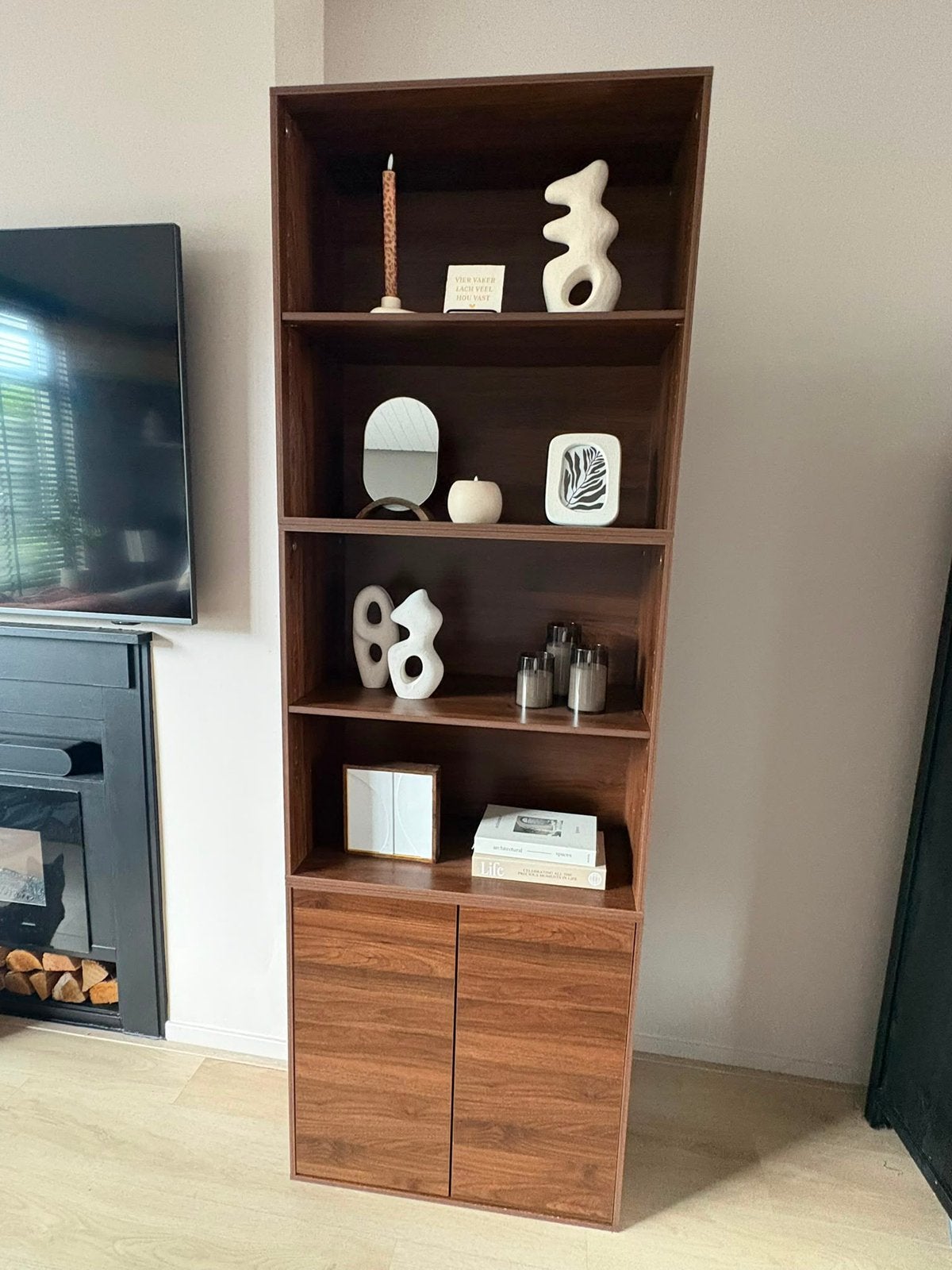 Walnoot Japandi vakkenkast / boekenkast – modulair, Huis en Inrichting, Ophalen, Zo goed als nieuw, 25 tot 50 cm, 200 cm of meer
