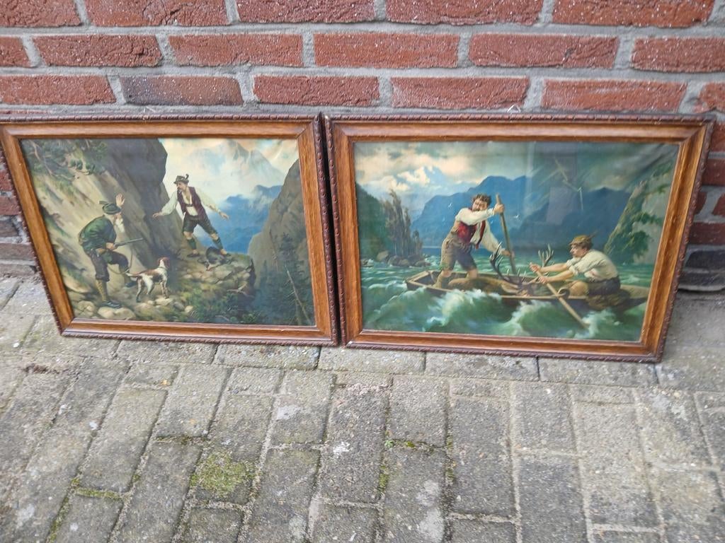 Twee Oude Oleografieën in Originele Lijsten - Jachttaferelen, Ophalen of Verzenden