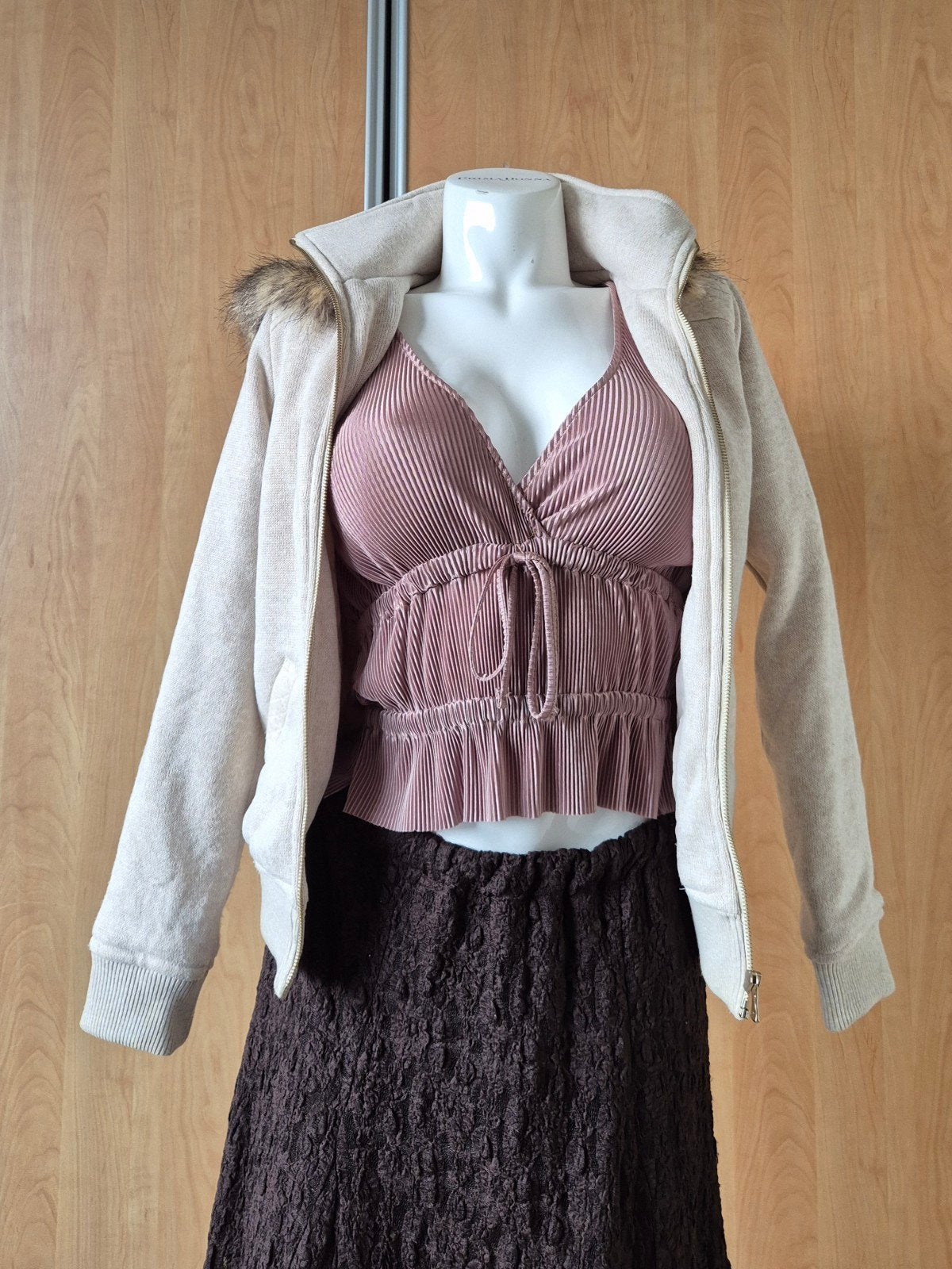 Bershka BSK&YOU Jasje met Bontkraag - Maat S, Beige, Zo goed als nieuw, Maat 36 (S), Bershka