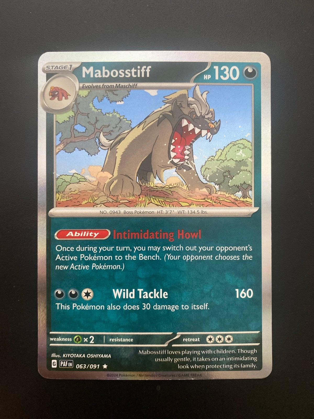 Mabosstiff 063/091 Rare Holo Paldean Fates, Ophalen of Verzenden, Zo goed als nieuw, Losse kaart, Foil
