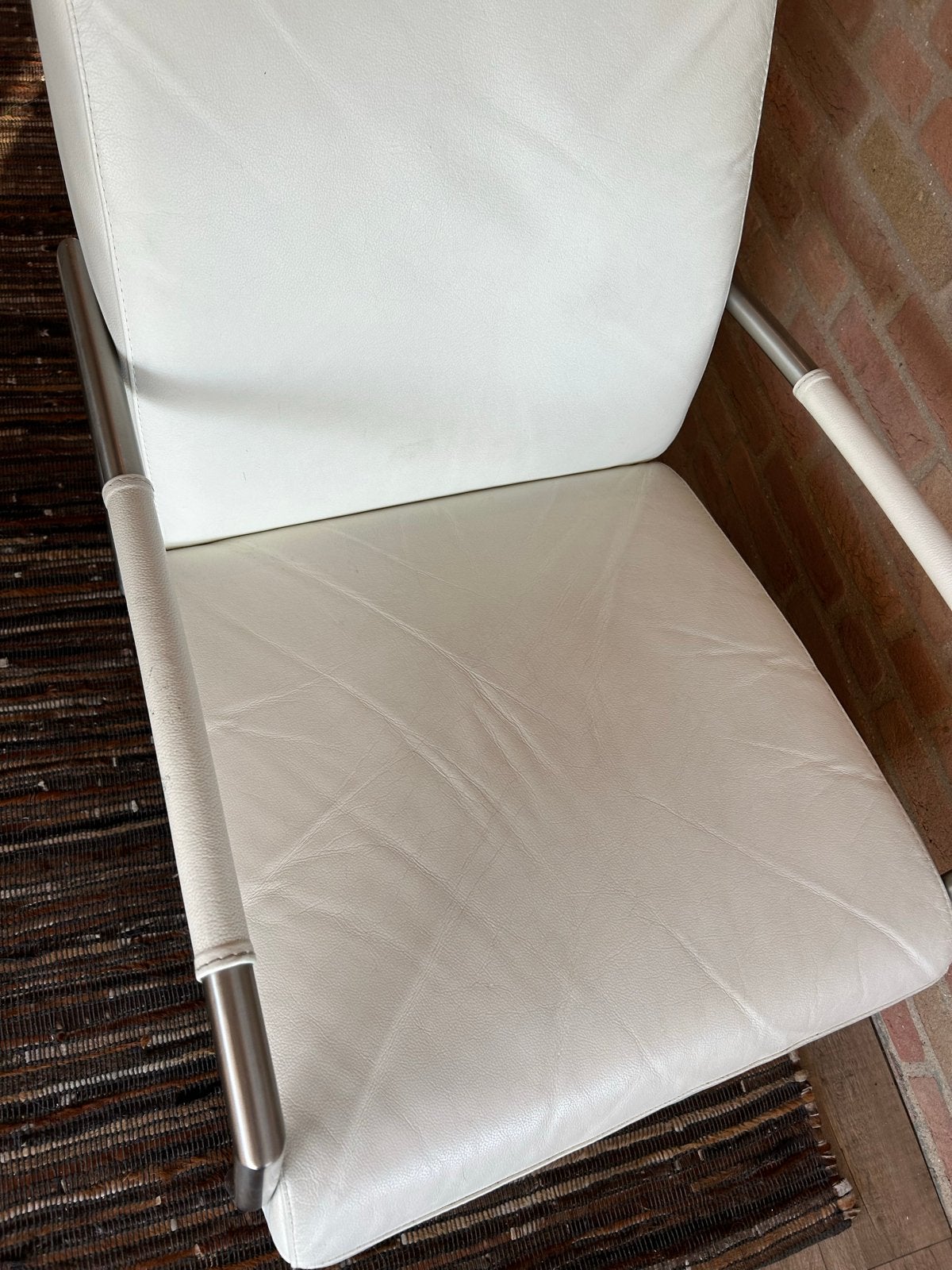Set van 2 witte leren fauteuils met RVS frame, Ophalen, Gebruikt, Minder dan 75 cm, Leer
