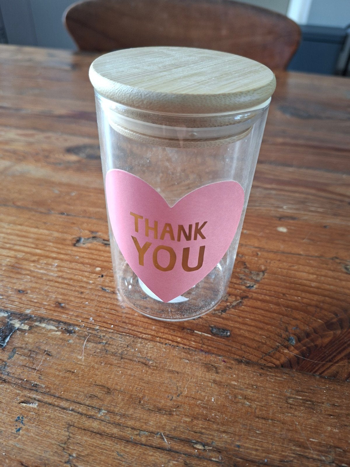 glazen snoeppot thank you 7x12 bijna gratis, Ophalen of Verzenden, Zo goed als nieuw