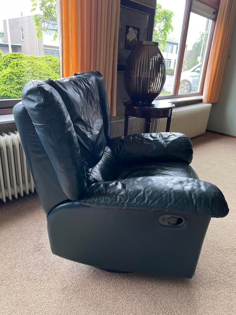 LEER - FAUTEUIL - GROEN - RELAX STAND - VOETENSTEUN, Huis en Inrichting, Fauteuils, Ophalen, Zo goed als nieuw, Leer