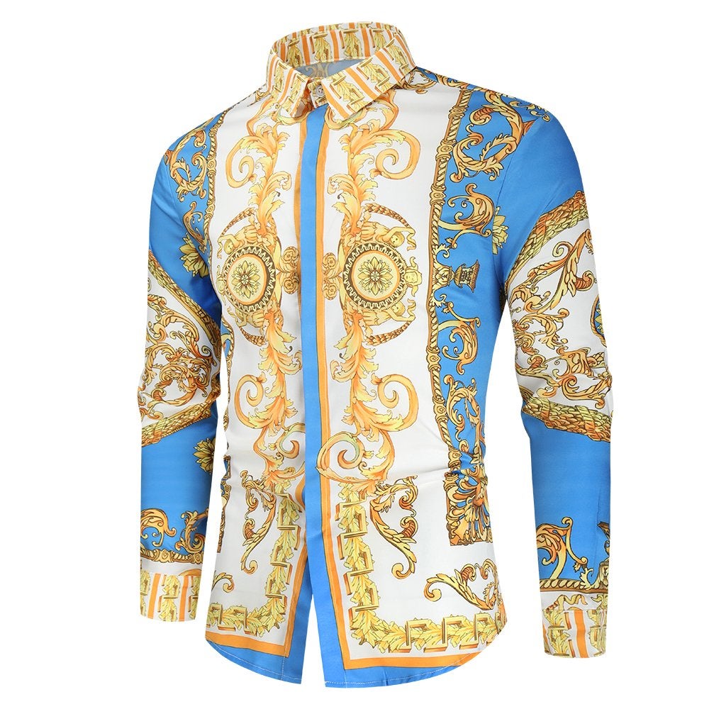 Heren barok overhemd 6 luxe gouden kamper shirt blauw wit, Verzenden, Nieuw, Meerkleurig, Overige halswijdtes