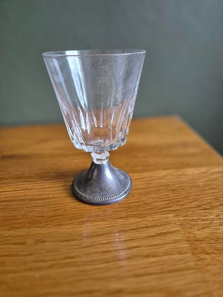 Vintage Kristallen Glas met Zilveren Parelrand Voet, Antiek en Kunst, Ophalen of Verzenden
