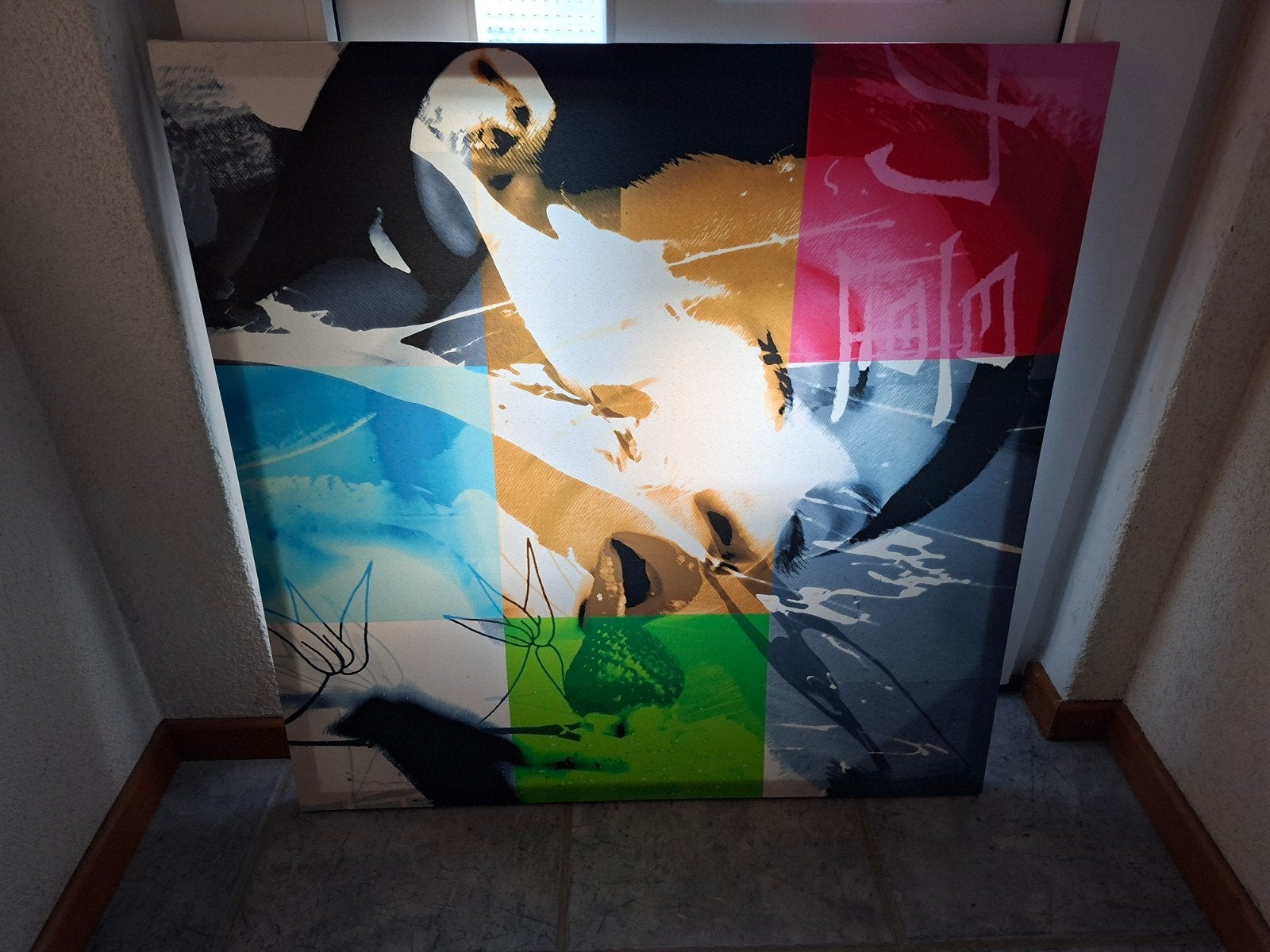 Abstract schilderij met levendige kleuren en Chinese tekens, Ophalen