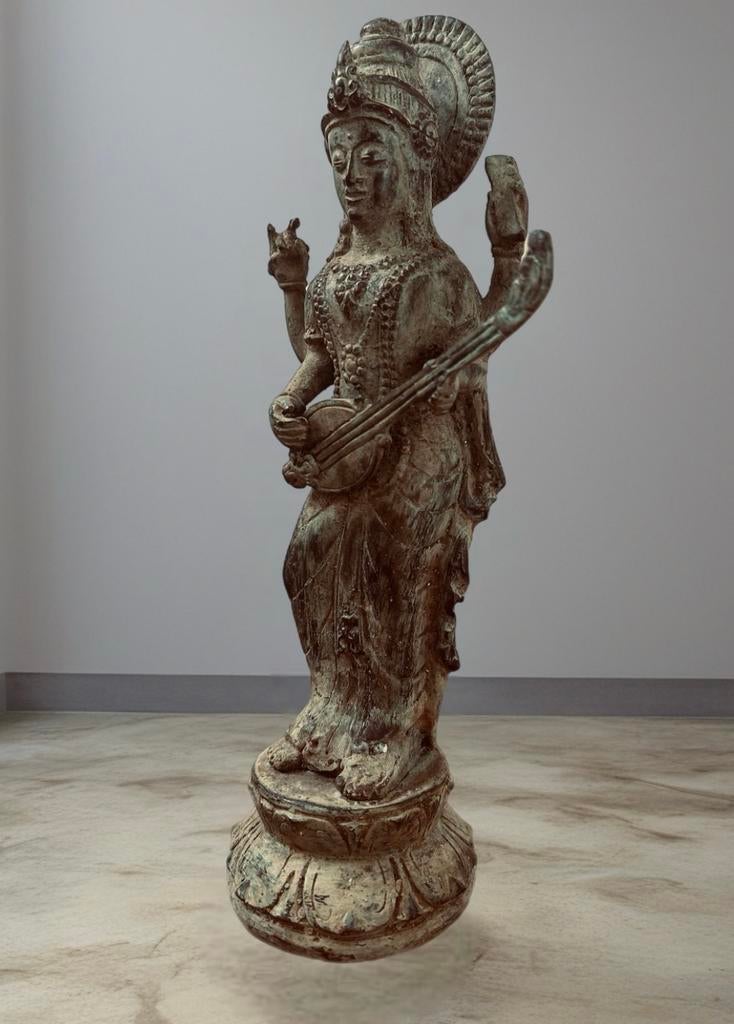 Prachtig oud bronzen beeld Hindoe Godin Saraswati Balinees, Ophalen of Verzenden