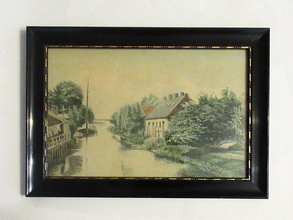 Leuk schilderij Boerderij aan het water, aquarel uit de ´50, Antiek en Kunst, Kunst | Schilderijen | Klassiek, Ophalen of Verzenden