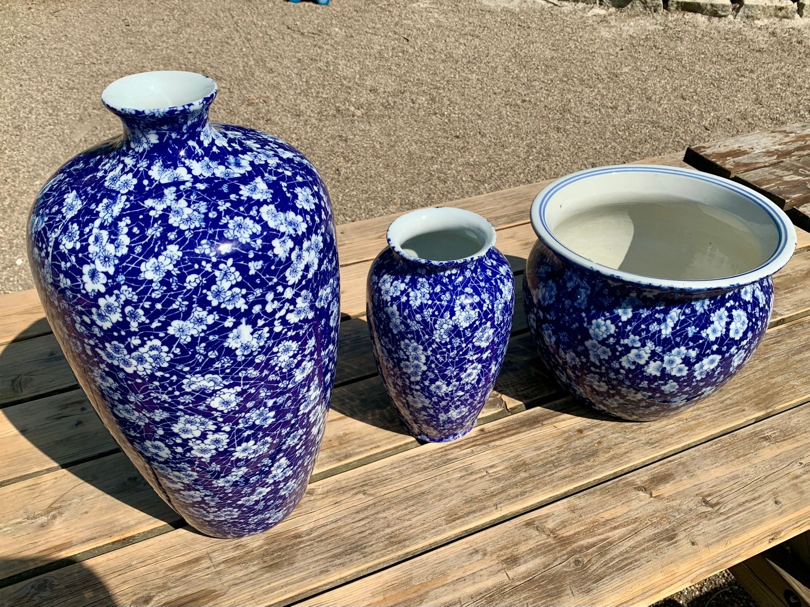 3 blauw-witte keramieken vazen/plantenbak bloesem, Huis en Inrichting, Woonaccessoires | Vazen, Ophalen, Zo goed als nieuw, Blauw