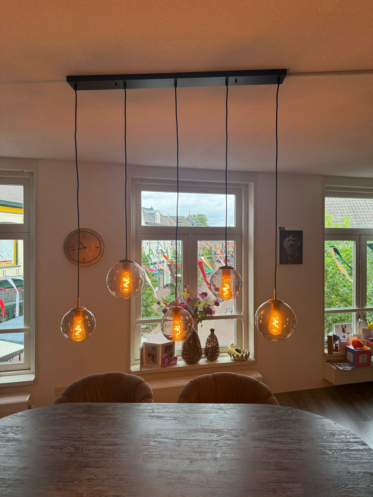 hanglamp Eijerkamp met 5 glazen bollen voor eettafel, Ophalen, Zo goed als nieuw, Glas, E27 (groot)