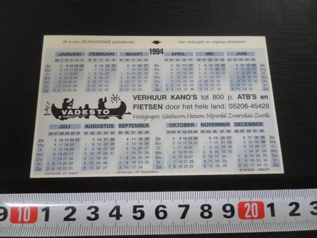 sticker Kalender 1994 VADESTO Verhuur Kano's ATB's Fietsen *, Ophalen, Zo goed als nieuw