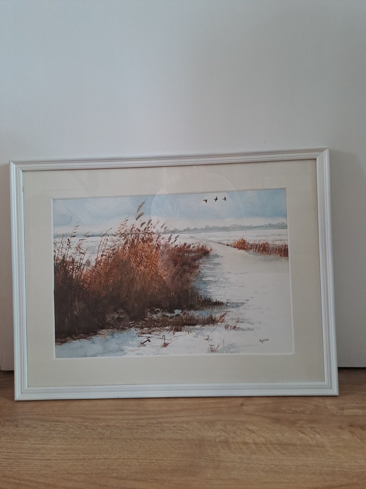 Schilderij: Winters Landschap met Riet en Vliegende Vogels, Ophalen of Verzenden