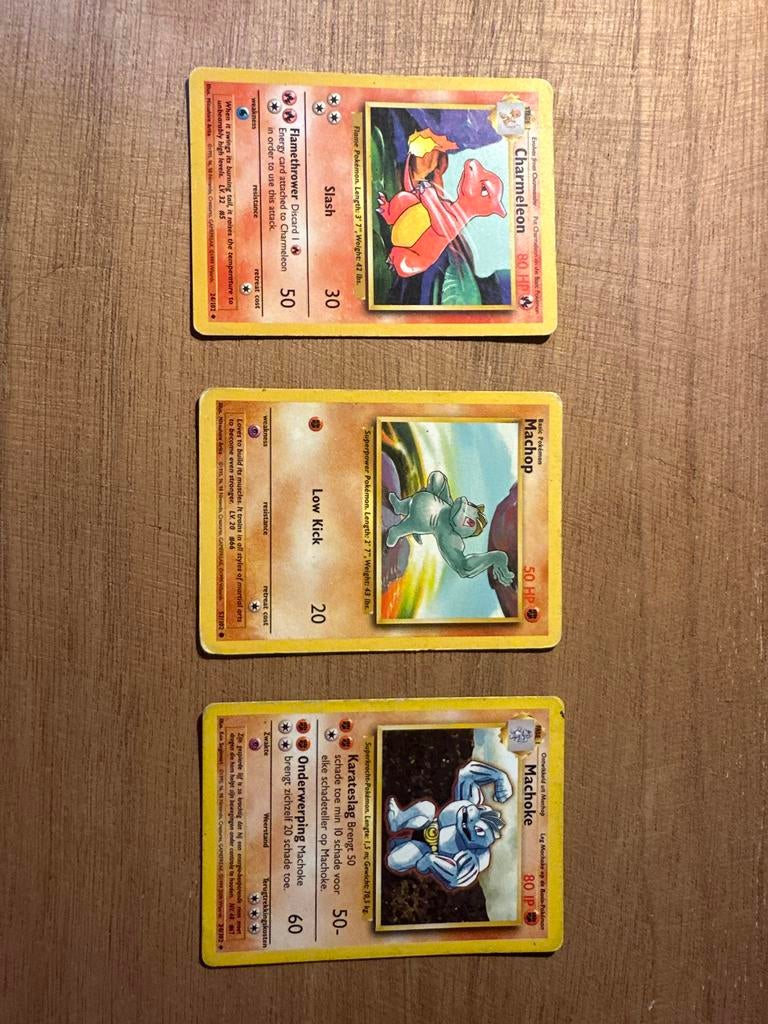 Vintage Pokémon kaarten uit 1995 - Charmeleon, Machop, Macho, Hobby en Vrije tijd, Verzamelkaartspellen | Pokémon, Ophalen of Verzenden