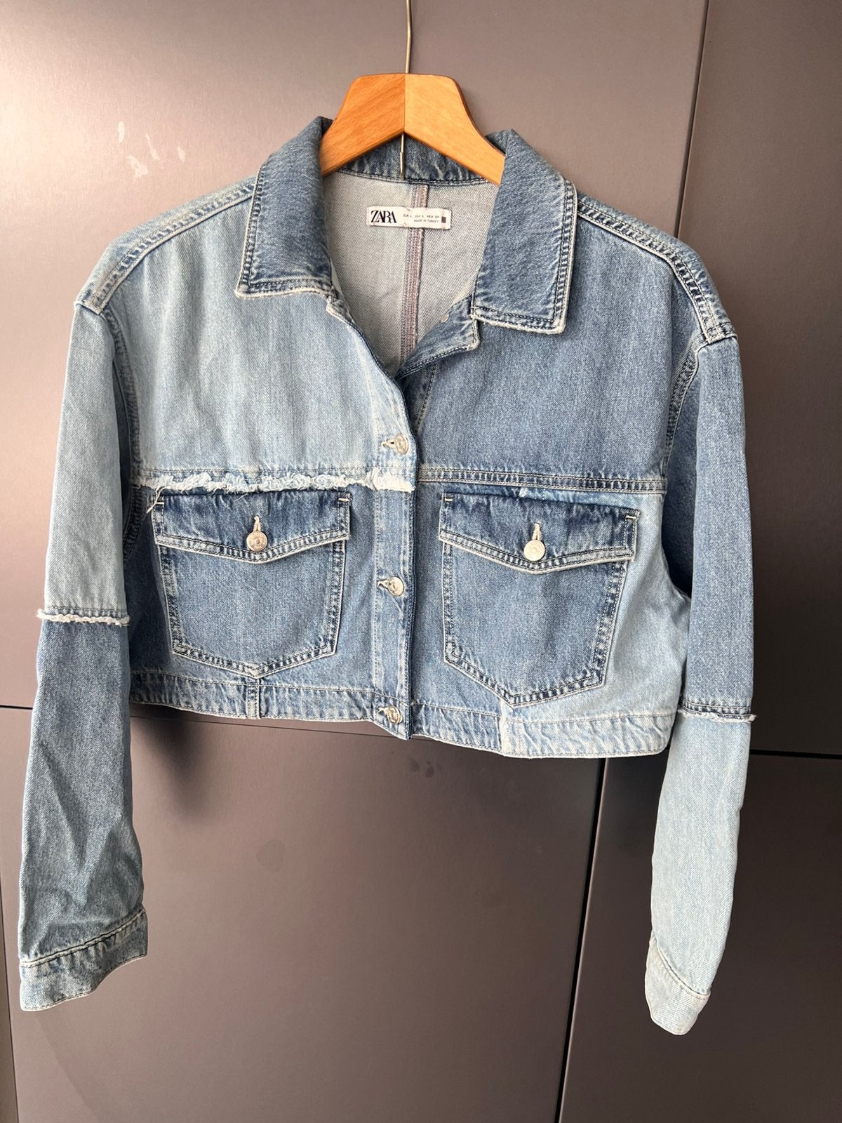 ZARA PATCH WORK PATCHWORK DENIM CROPPED JASJE JAS MAAT L, Ophalen of Verzenden, Zo goed als nieuw, Maat 42/44 (L), Blauw