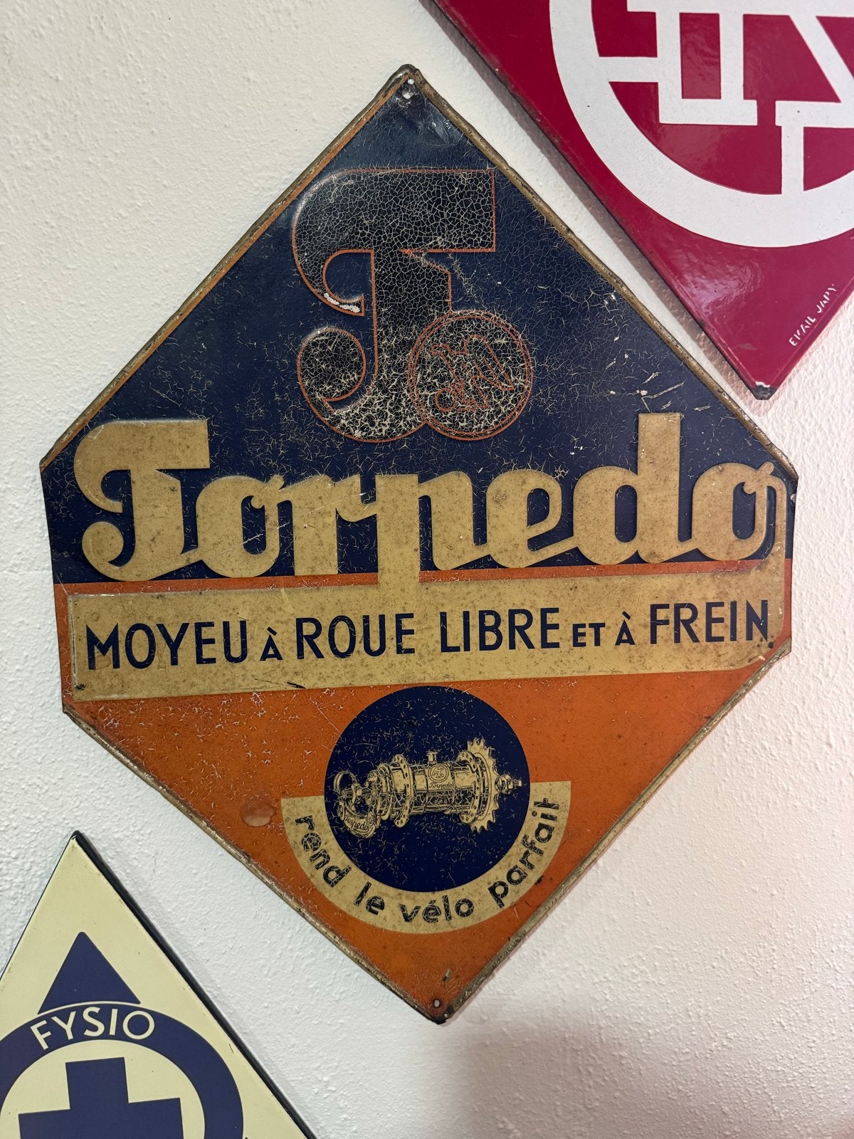 Vintage Torpedo  Reclamebord - Fietsnaven, Reclamebord, Gebruikt, ., Ophalen of Verzenden