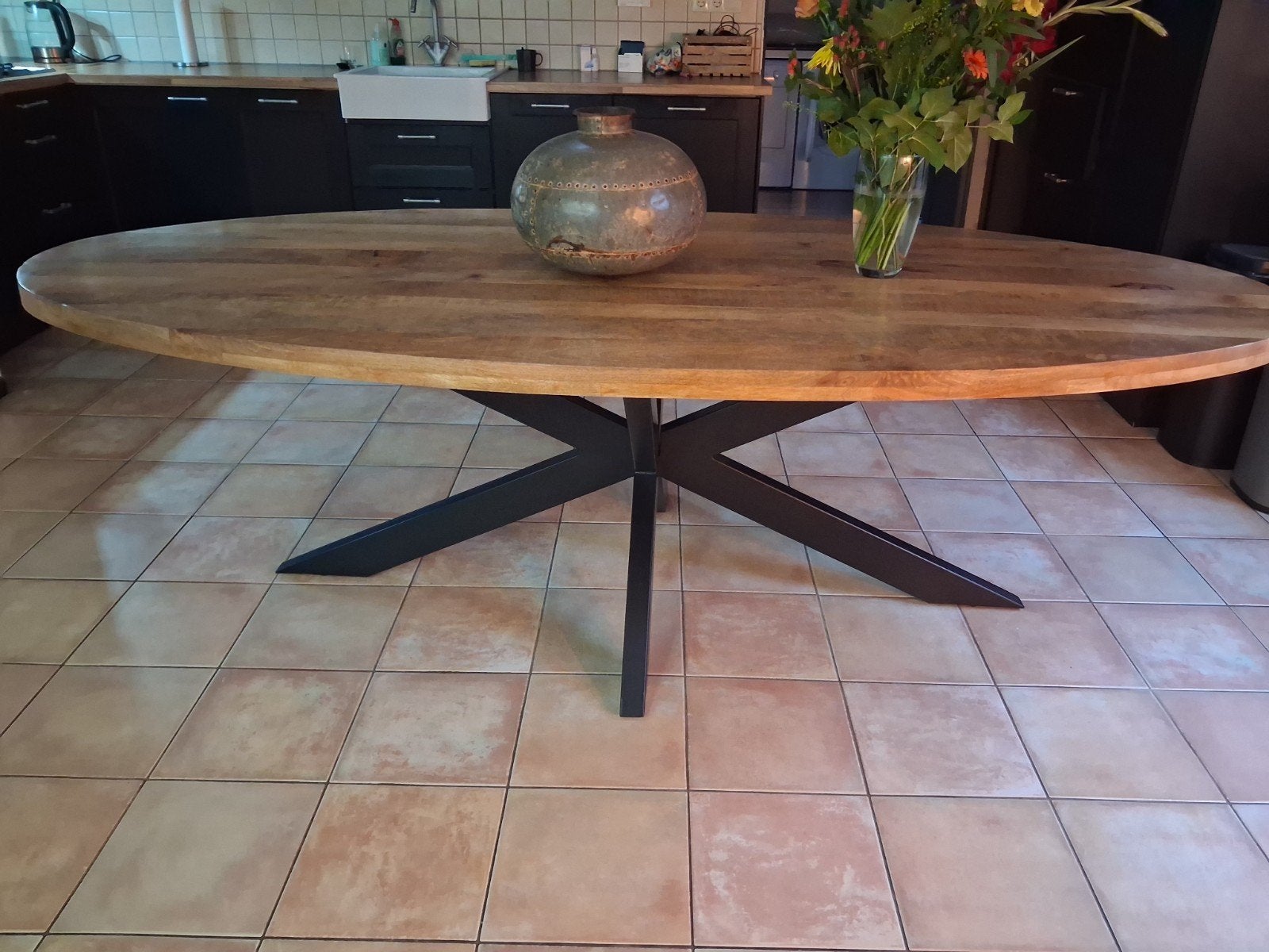 Mangohouten ovale eettafel 300x130 cm, Overige houtsoorten, 100 tot 150 cm, 200 cm of meer, Industrieel, Modern