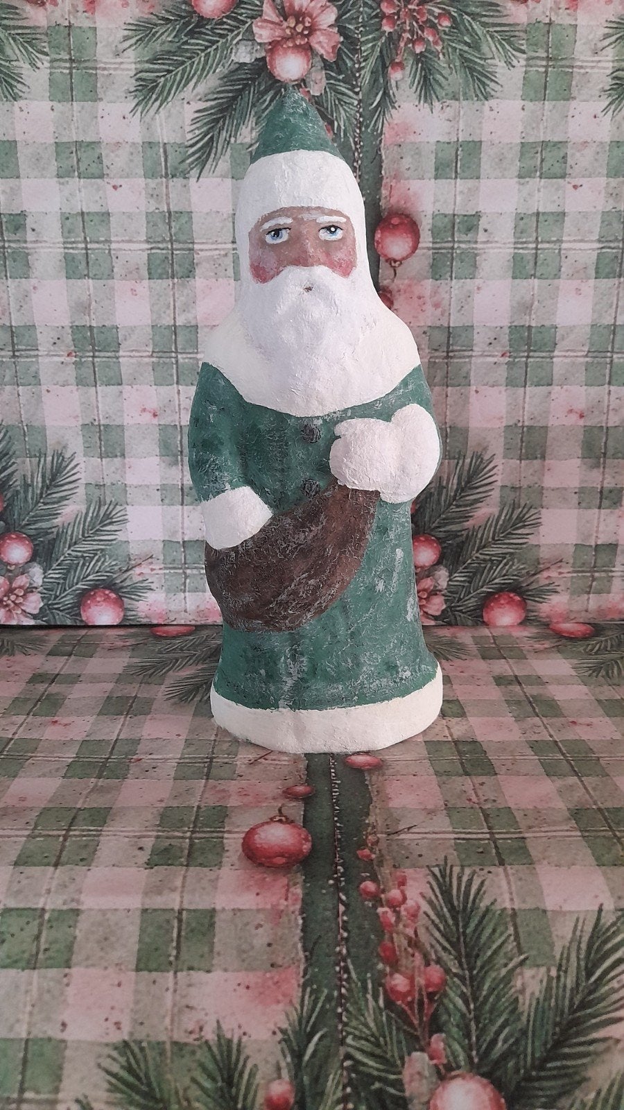 Prachtige brocante Belsnickle Kerstman spuncotton groen, Antiek en Kunst, Ophalen of Verzenden
