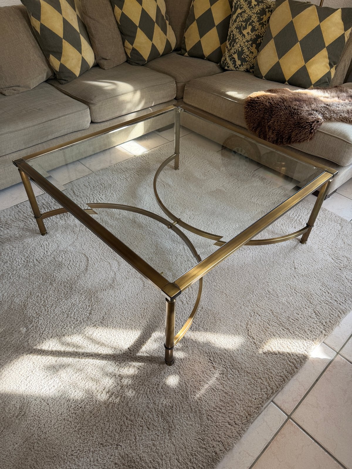 Vierkante salontafel vintage messing look met glazen blad, Ophalen, Minder dan 50 cm, Gebruikt, 50 tot 100 cm