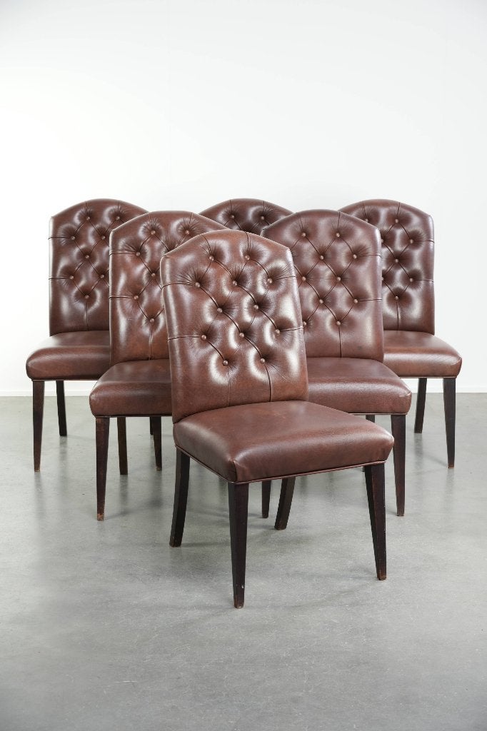 Set van 6 rundleren chesterfield eetkamerstoelen, Huis en Inrichting, Stoelen, Ophalen, Gebruikt, Bruin, Leer