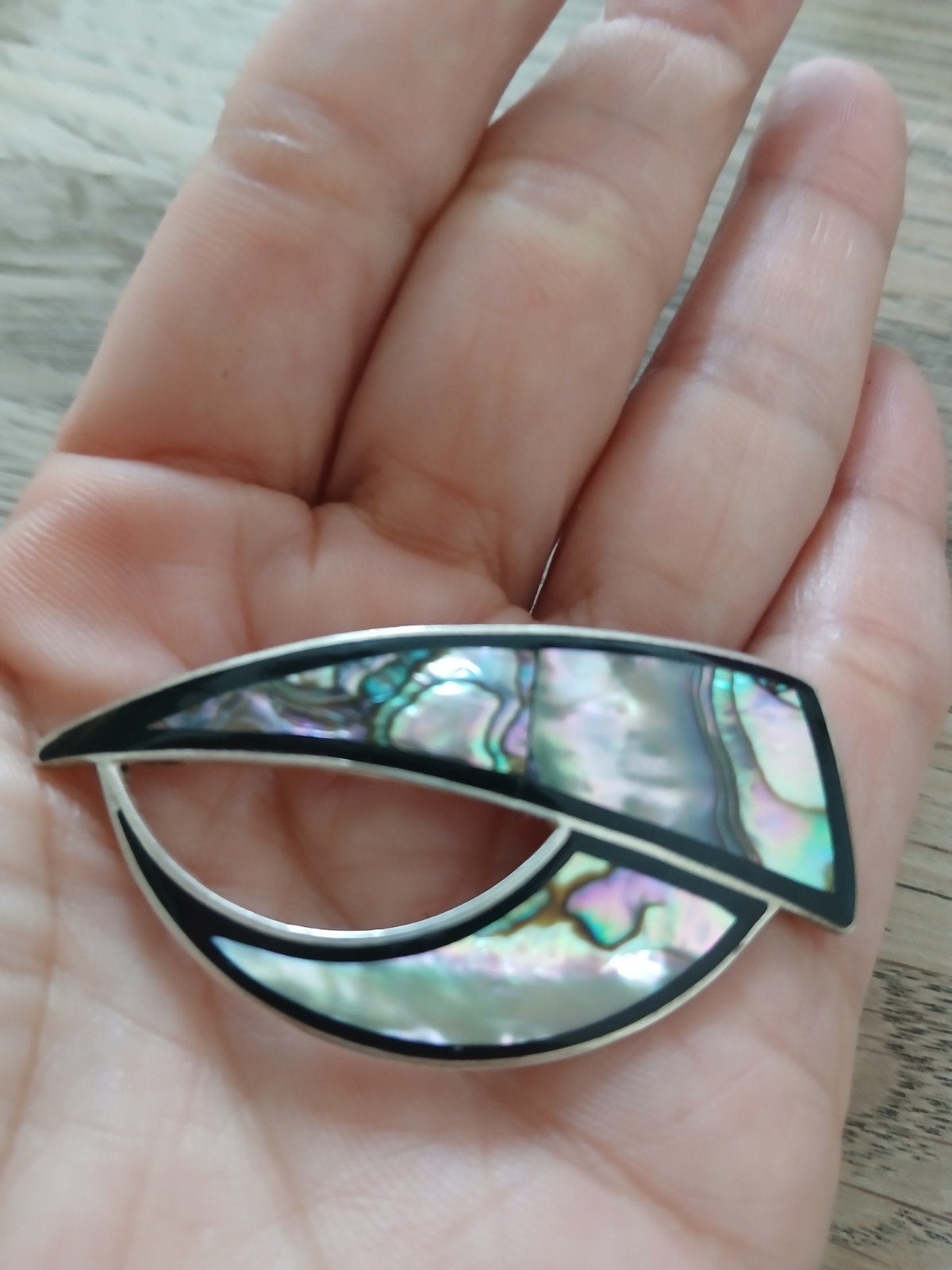 Vintage broche Alpaca Mexico  Abalone en Onyx, Ophalen of Verzenden, Zo goed als nieuw, Zilver, Overige materialen