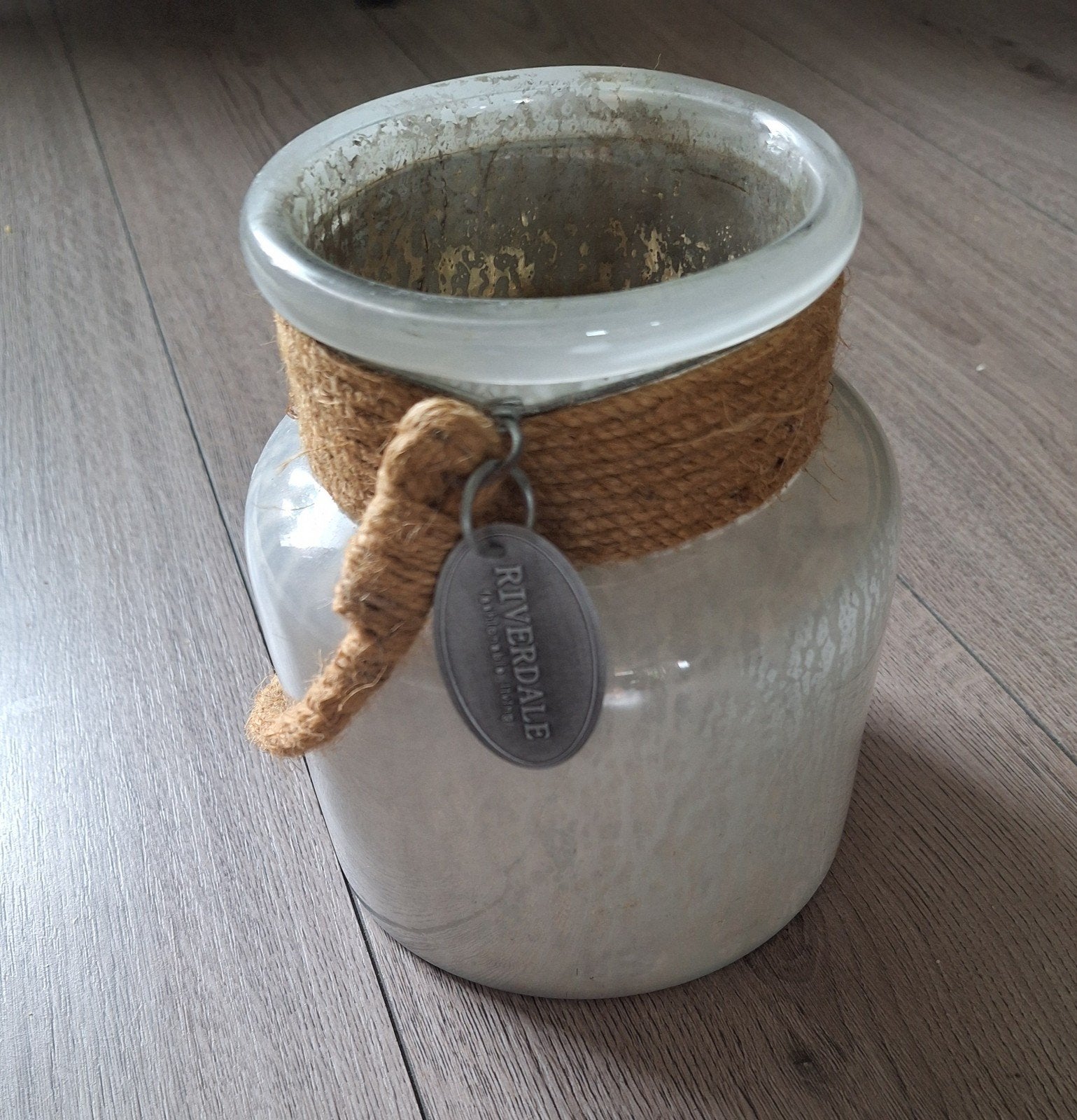 Riverdale glazen windlicht wit met jute handvat 20 cm, Ophalen of Verzenden, Grijs, 20 cm, Windlicht