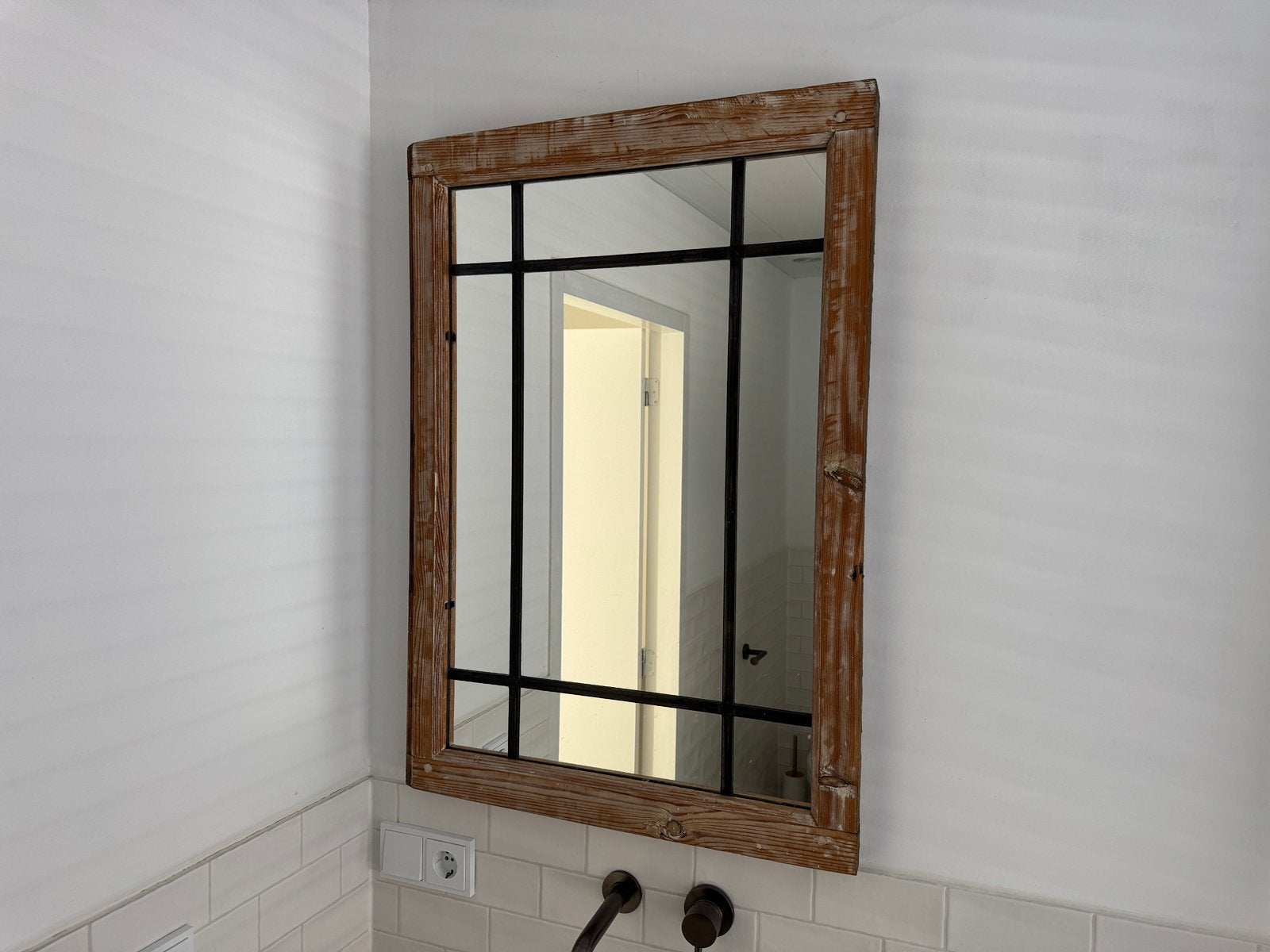 Houten spiegel met glas in lood, Ophalen of Verzenden, Zo goed als nieuw, Minder dan 100 cm, Rechthoekig