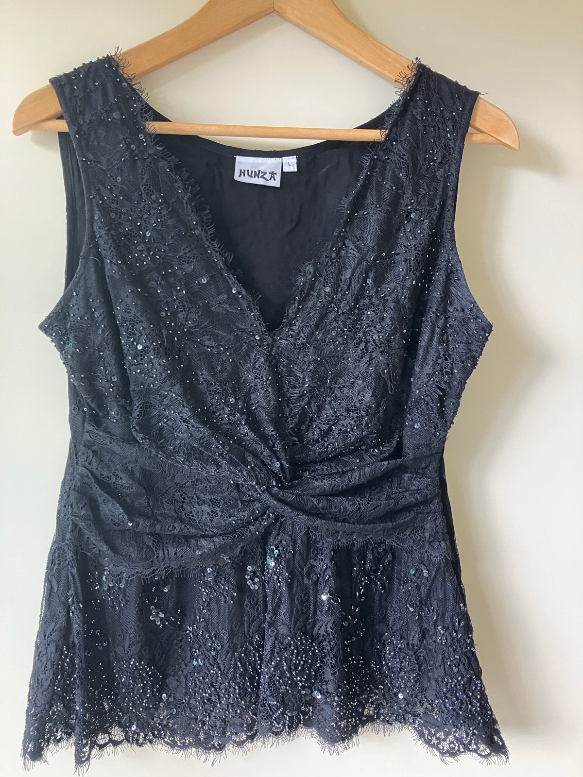 Feestelijke Zwarte Glitter Top - Hunza, Zwart, Maat 42/44 (L), Ophalen of Verzenden, Zo goed als nieuw