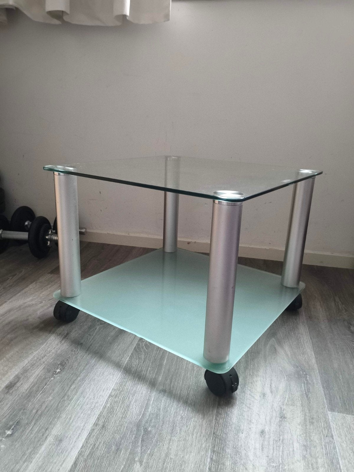 bijzettafel , glazen tafeltje op wieltjes, Ophalen, Minder dan 45 cm, Minder dan 55 cm, Vierkant