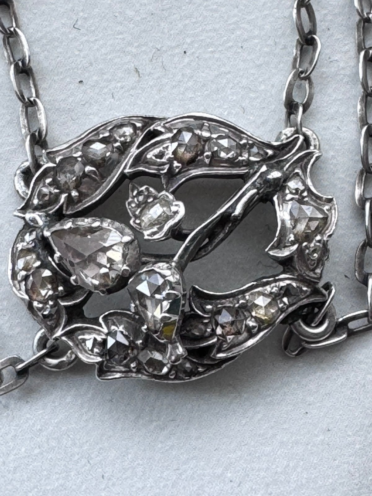 Antiek zilveren collier met roosdiamanten, Ophalen of Verzenden, Zilver, Ketting