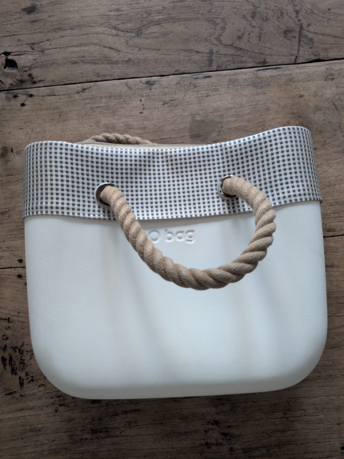 O Bag tas met touw handvatten en geruite binnenvoering, Ophalen of Verzenden, Gebruikt, Wit, Handtas