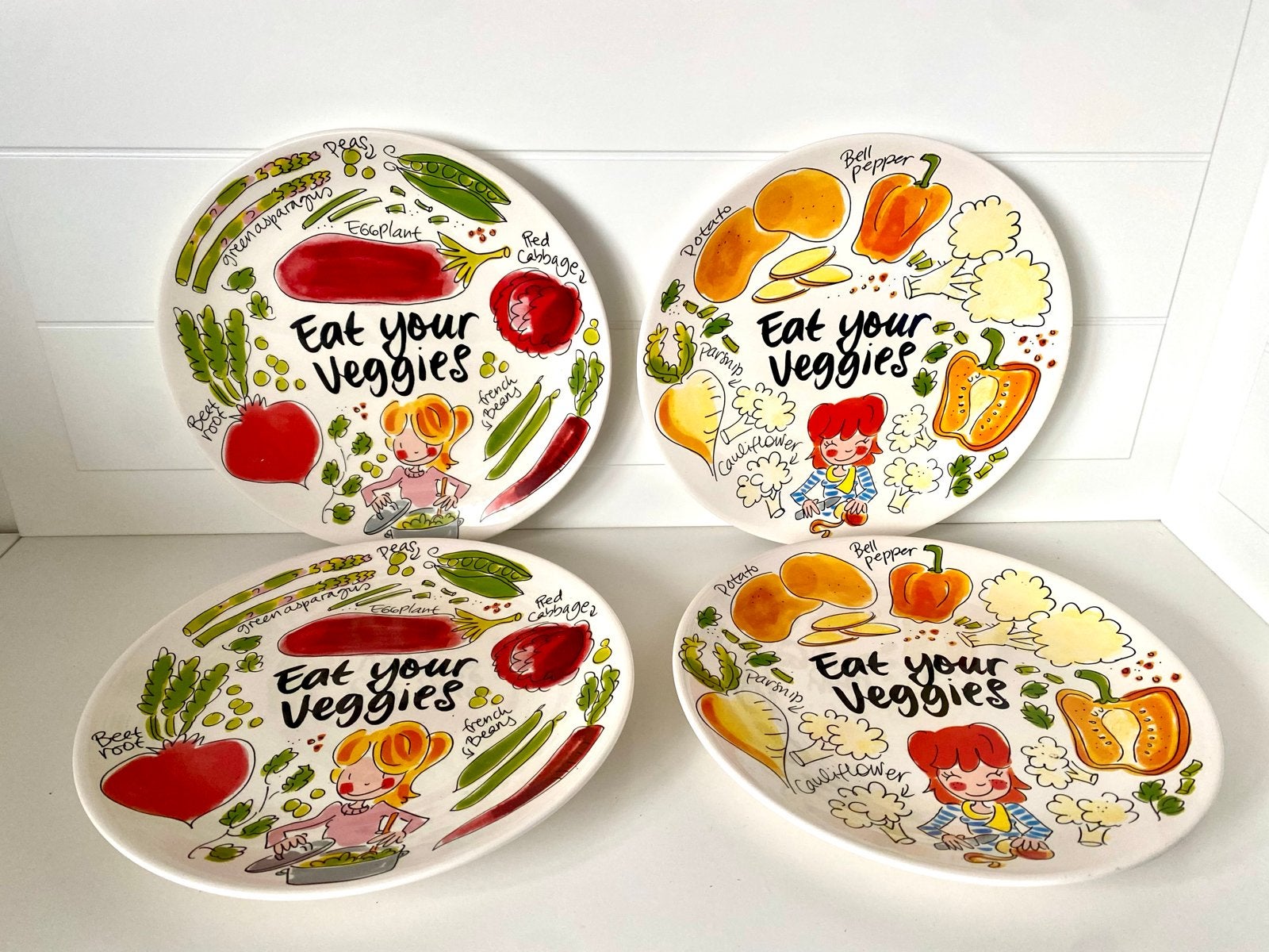 Blond Amsterdam 4x 'Eat your Veggies' borden - Kinderborden, Gebruikt, Overige merken, Keramiek, Ophalen of Verzenden