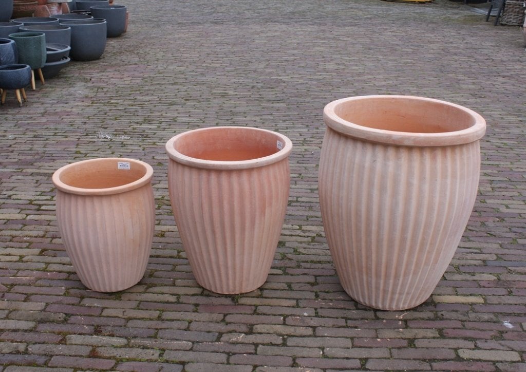 Ronde terracotta bloempotten Ribbel 3 maten terras tuin, Tuin en Terras, Bloempotten, Ophalen, 40 cm of meer, Rond, Nieuw