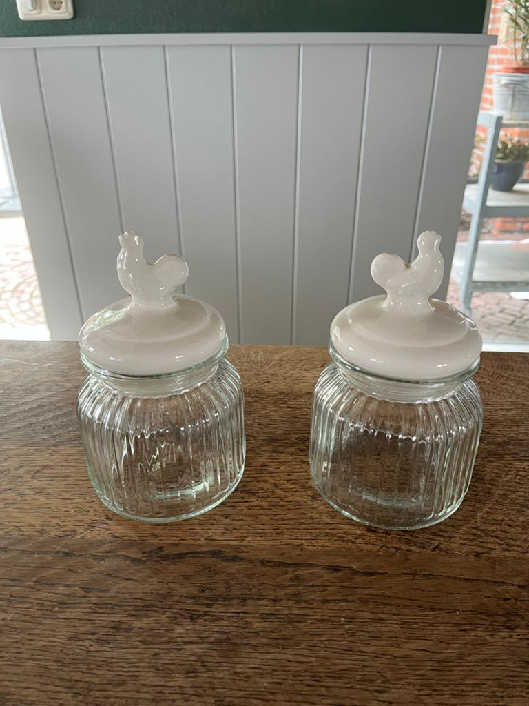 Set van 2 glazen voorraadpotten met kip deksel, Glas, Ophalen of Verzenden, Zo goed als nieuw, Voorraadpot