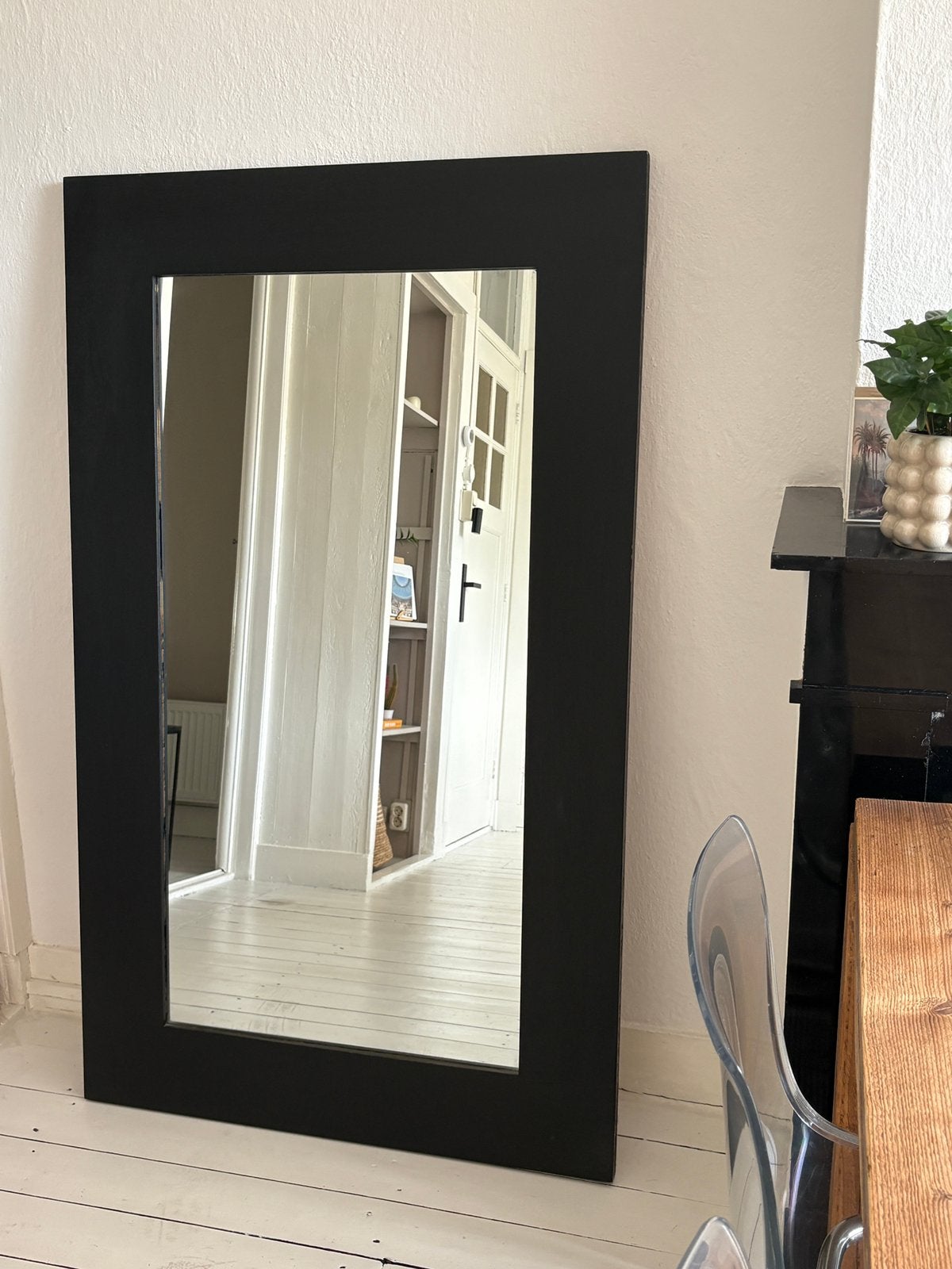 Eikenhout spiegel met breed frame, Ophalen, Gebruikt, 75 tot 100 cm, 150 tot 200 cm