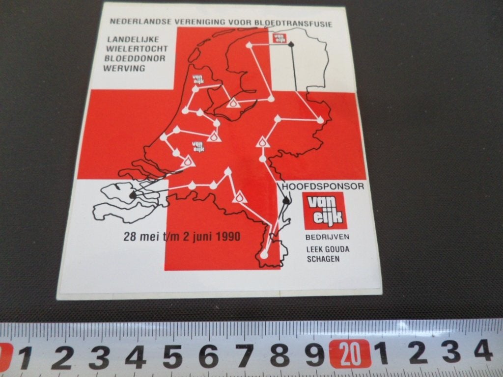 sticker Landelijke Wielertocht Bloeddonor werving 1990 Fiets, Ophalen, Zo goed als nieuw