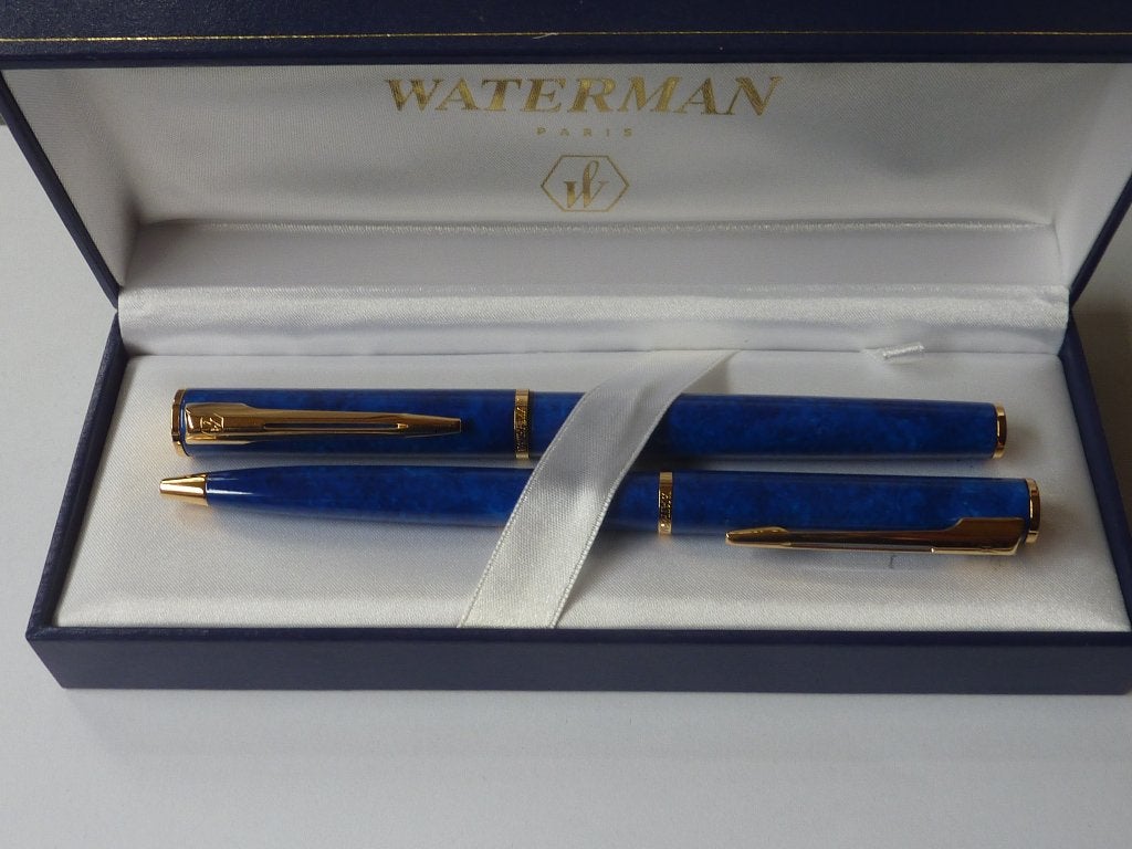 Vintage Waterman Blue Marble Fountain & Ball Point Pen Set, Verzamelen, Pennenverzamelingen, Pennenset, Ophalen of Verzenden, Waterman