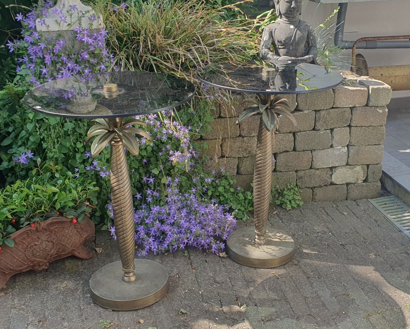 Set van 2 palmboom bijzettafels met glazen blad, Ophalen